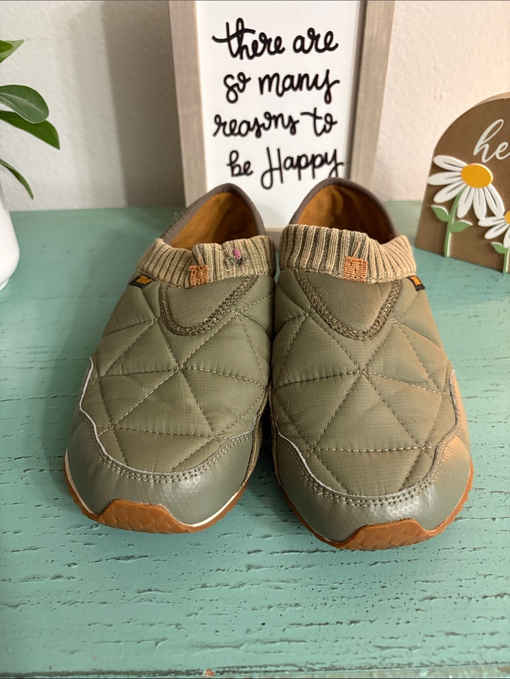 Quilted Slip-On Shoes in Olive Green